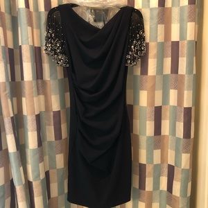 Betsy and Adam blue sheath dress with Jeweled flutter sleeves size 4P